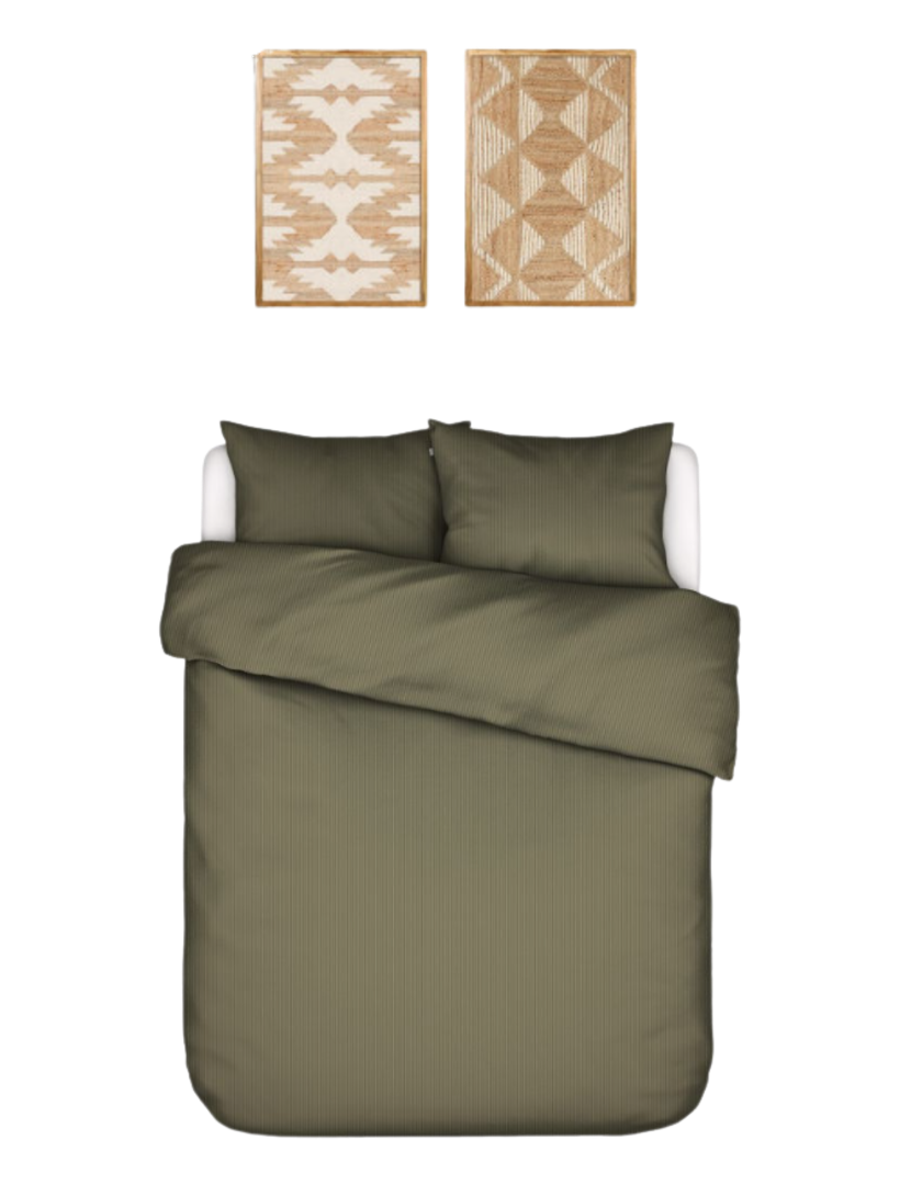 Fourth bedroom — olive-green washed-linen bedding beneath a pair of woven jute arch artworks