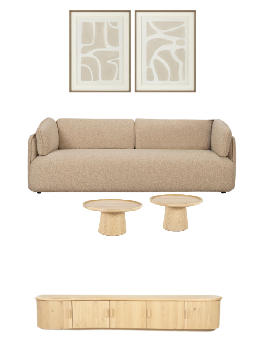 Living & dining moodboard — bouclé sofa, oak tables and cream artworks