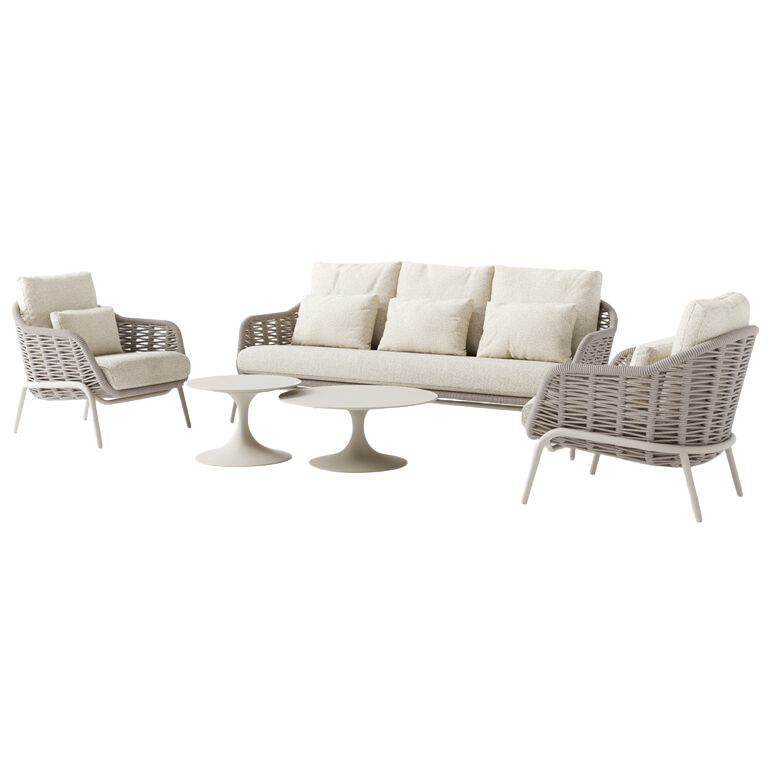 Outdoor terrace — three-seat cream lounge with bouclé chairs and twin pedestal tables