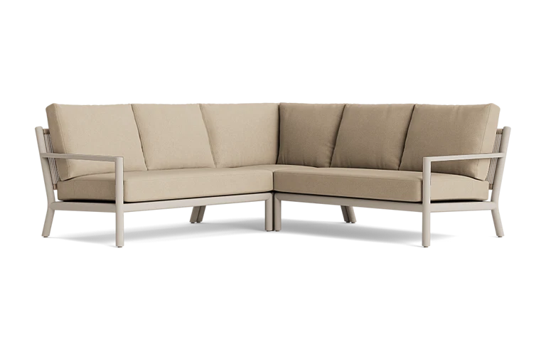 Terrace lounge moodboard — sand-cushioned outdoor sofa